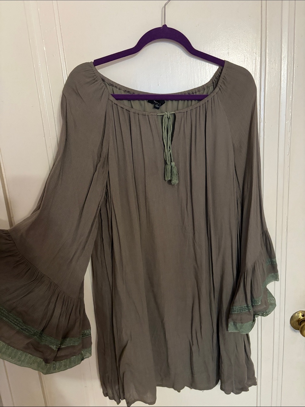 Very J Taupe Boho Bell-Sleeve Mini Dress